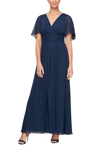 S.L. Fashions Women's Long V-Neck Flutter Sleeve A-Line Dress, Navy, 18