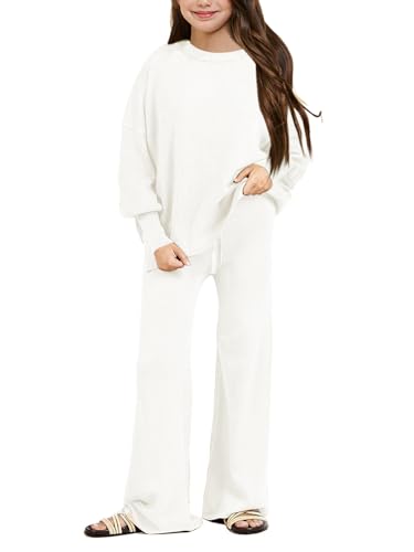 Image of Haloumoning Girls 2 Piece Outfits Kids Long Sleeve Crewneck Sweater Drawstring Wide Leg Long Pants Sweatsuits Sets 5-14T
