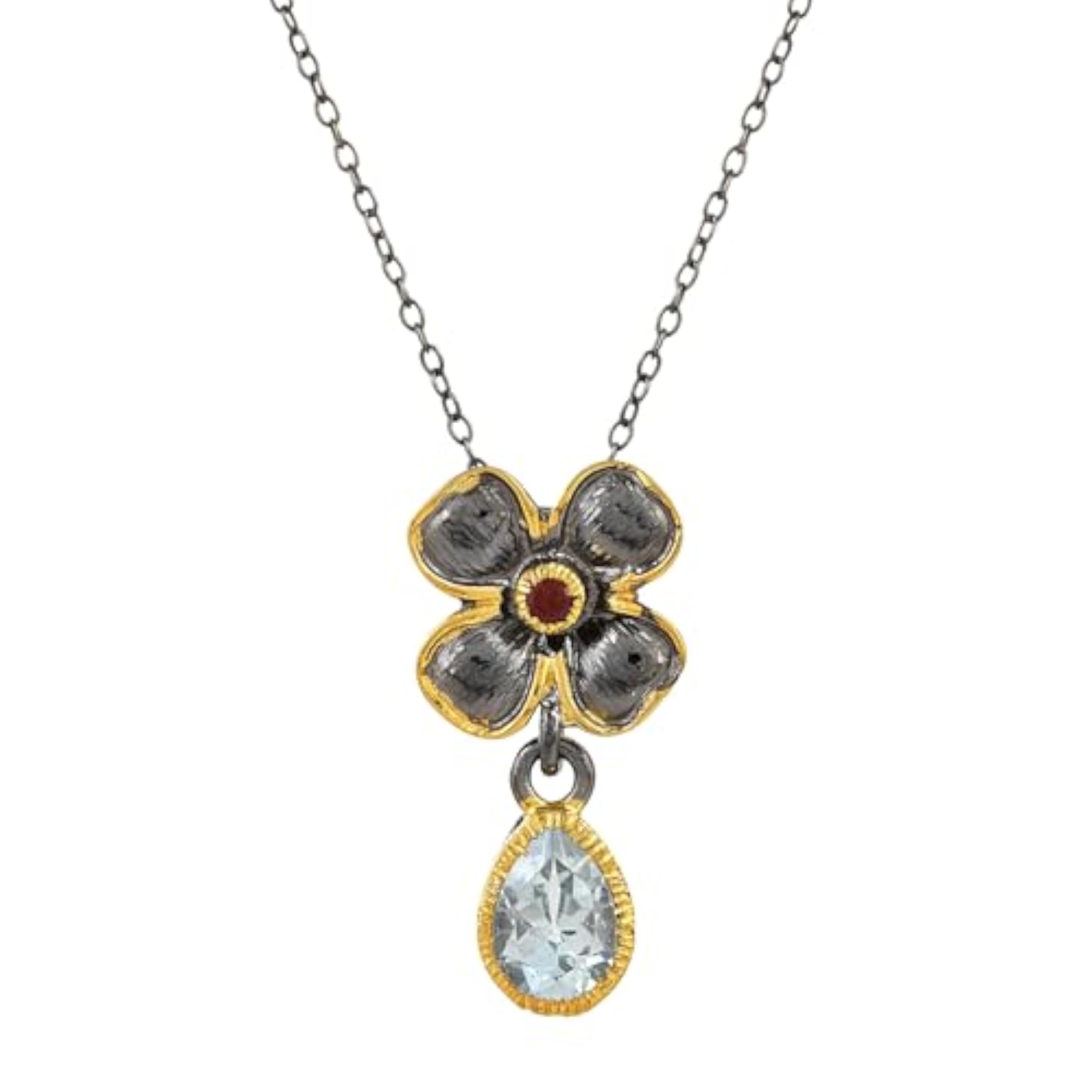 Women's Blue Topaz & Garnet Flower Pendant Necklace