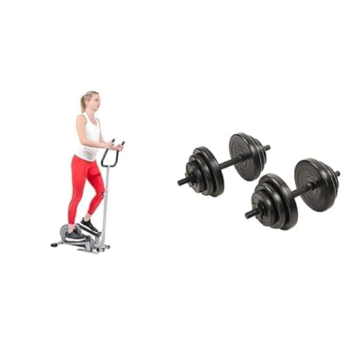 Sunny Health & Fitness Magnetic Underdesk/Standing Portable Ellittical Machine + Exercise Vinyl 18KG Dumbbell Set Hand Weights for Strength Training, Weight Loss, Workout Bench