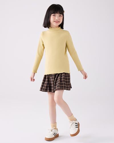 Image of ACESTAR Girls Solid Lettuce Trim Mock Neck Shirt Long Sleeve Slim Fit Ribbed Knit Tee Ruffle Tops Soft Base Layer
