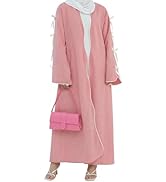 Women's Eid Abaya Dresses Long Sleeve Open Front Pearl Bowknot Prayer Dress Ramadan Cardigan Duba...