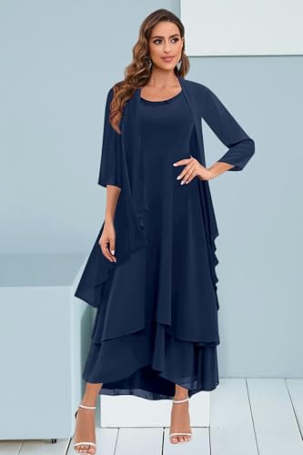 BANTRATIC 2 Pieces Mother of The Bride Dresses for Wedding Chiffon Ankle Length Tiered 3/4 Sleeve A-Line Formal Party Gown2