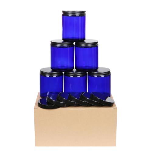 KIGITIK 6 pack 8oz Cobalt Blue Glass Jars and Plastic & Metal Lids, Refillable Thick Glass Jars For Candle, Storage, Spice, Liquid, Powder. (8oz Blue)