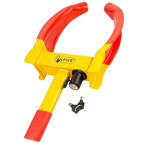 Hyfive Rueda Universal Abrazadera de Acero Inoxidable para Fijar los Coches y remolques de Robo en neón Brillante y Rojo