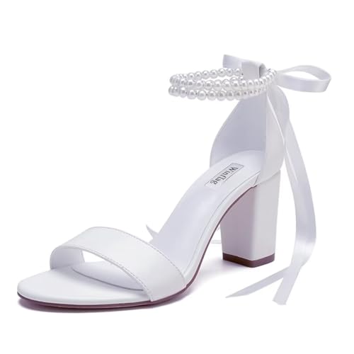 Image of Pearl Wedding Shoes Open Toe Block Heel Wedding Sandals Chunky Heel Bridal Shoes