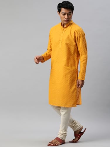 Image of Majestic Man Men's Cotton Blend Regular Fit Casual Polyester Mandarin Collar Ethnic Motifs Embroidered Long Regular Kurta
