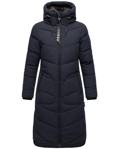 MARIKOO Damen langer Wintermantel warmer Steppmantel mit verstellbarer Kapuze Benikoo Navy Gr. S