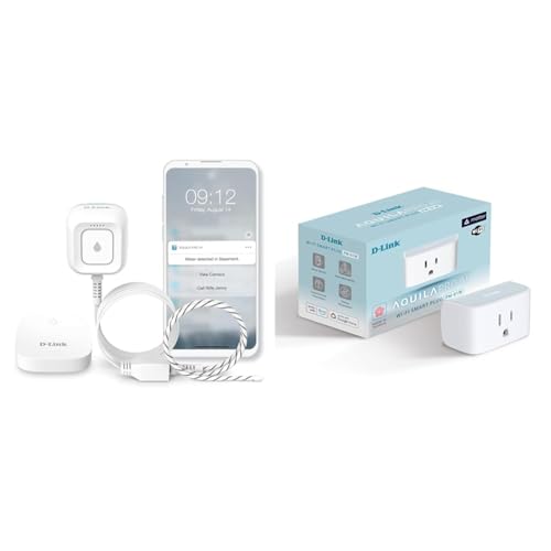 Bundle of D-Link WiFi Water Leak Detector Kit (2 sensors) + Matter Smart Plug, Loud 100 dB Alarm, App Alert, LED Strobe Light, Expandable to 17 Locations, 1000ft Ultra-Long Range