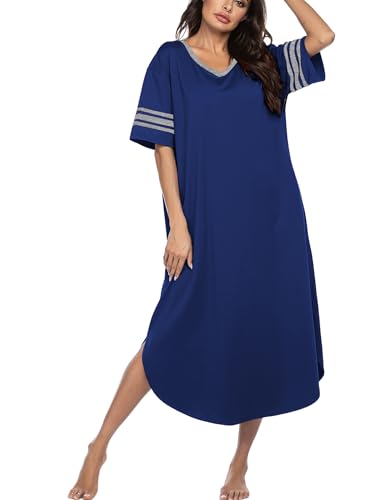 Image of Ekouaer Long Nightgown, Womens V Neck Loungewear Oversized Sleepwear Loose Sleep Dress S-4XL