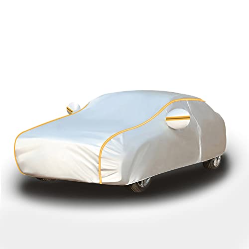 🚗 Copriauto di ottima qualità -- Telone per auto realizzato in tessuto oxford di poliestere a doppia cucitura e resistente all'acqua, non facile da rompere e deformare. Questa leggera copertura per automobile ha un design con cerniera della porta, orlo elastico per una vestibilità comoda, la posizione di 4 pneumatici ha una corda antivento, può rendere la tua auto più sicura nelle giornate ventose.
