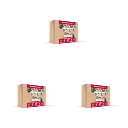 Image of Nourish Organics Oats Cranberry Cookies | Wholesome Cookies with Cranberries & Walnuts | Made with Oats, Coconut Jaggery & Seeds | High Fibre Snack | No Refined Sugar | 120g Pack (Pack of 3)