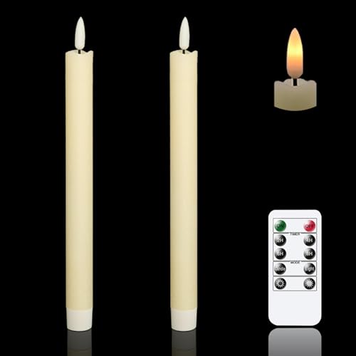 Image of GenSwin LED Taper Candles Flickering with Remote Timer, Battery Operated Taper Flameless Candles with 3D Wick Real Wax Window Candlesticks Pack of 2 for Home Wedding Decor(Ivory, 0.78 x 9.64 Inch)
