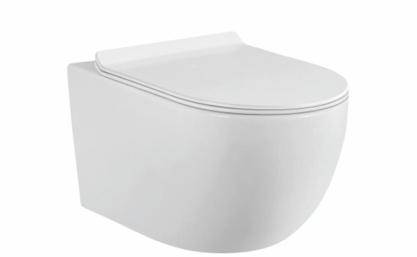 Juego completo de inodoro con asiento sin bordes, elemento de pared empotrable, cisterna de cerámica, color blanco/negro + placa pulsador (SD 1, blanco)