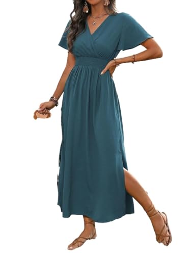 Womens Solid Color V-Neck Slit Dress Vacation Beach A-Line Long Dresses for Women