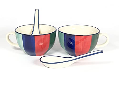 Image of HS Hindustani SAUDAGR Saffron Indigo Delight Ceramic Bowl Set of 2(300ml Each) Soup Bowl with Handle & Spoon Microwave Safe Bowls katori Ideal for Snacks Rice dal Desserts and Gifting