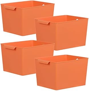 ASelected 4PCS Plastic Storage Boxes with Handle, 26x19x15CM Organiser Storage Box Plastic Storage Baskets for Shelves, Kitchen, Cupboard, Home and Office, Orange, Large