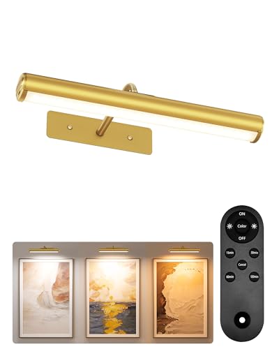 Image of EZVALO Wireless Picture Light for Wall, 13 Inch 4000mAh Rechargeable Battery Painting Light with Remote, 3 Color Temps Dimmable Gold LED Art Light for Gallery, Living Room, Hallway