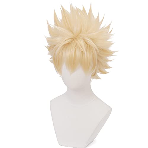 maysuwell Anime Gold Yellow Short Cosplay Wigs with Side-swept Bangs Men Straight Hair Baku Go Game In-Hero Style Role Wig Halloween,Christmas,Party
