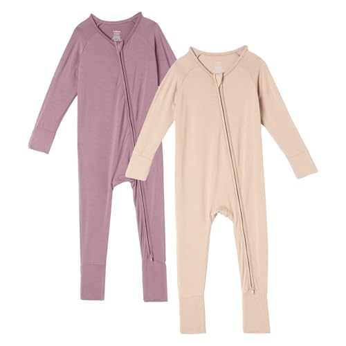 Image of DEFAHN 2Pcs Viscose from Bamboo Baby Footless Pajamas with Mittens Double Zipper Jumpsuit Long Sleeve Jumpsuit 0-24Month