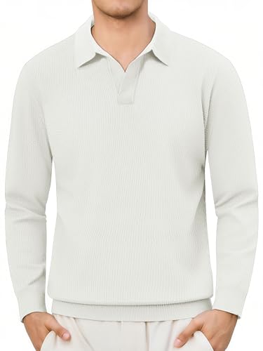 Cotrasen Polo Sweater Men Long Sleeve V Neck Casual Collared Pullover Sweater Textured Ribbed Lightweight