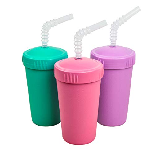 Re-Play Made in USA 3pk Straw Cups with Reversable Straw for Easy Baby, Toddler, Child Feeding - Aqua, Bright Pink, Purple (Sparkle)
