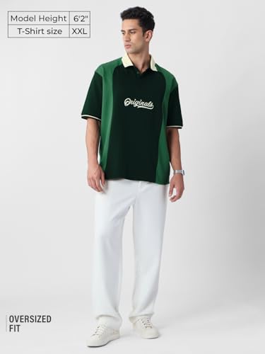 Image of The Souled Store Originals: Men and Boys Short Sleeves Polo Collar Cream Colour Block Cotton Casual Lightweight Drop Shoulder Streetwear Trendy Oversized T-Shirts