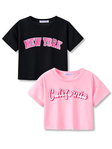 Image of Stylish Graffiti /Butterfly Graphic Crop Top for Girls -Cool Summer T-Shirt Soft Colorful 2-Pack Tees Size 6-18