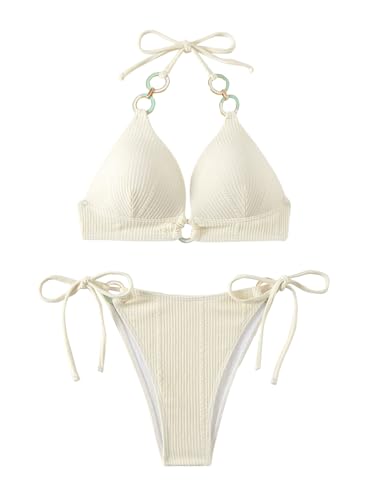 Maillot de bain 2 pièces texturé beige taille L fini anti-marques dos nu confortable