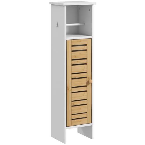 HOMCOM Columna de Baño Moderna Mueble Auxiliar de Baño con Portarrollos de Papel Estantes Ajustable y Puerta de Bambú Anti-vuelco 21x17x78 cm Blanco y Natural