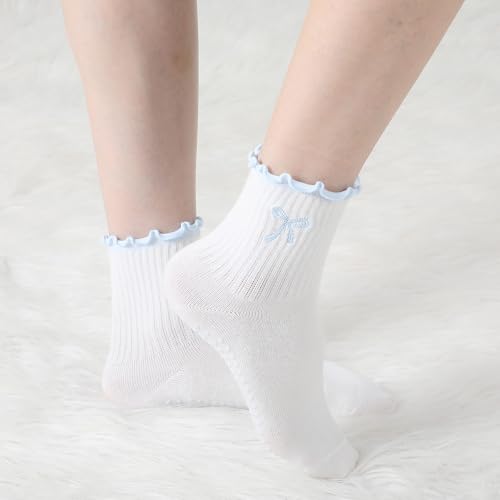Image of Jeyiour Summer Cute Pilates Socks Women Bow Nonslip Ruffle Yoga Socks with Grip Barre Pilates Gift for Work Dance Fitness