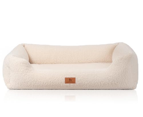 Knuffelwuff orthopädisches Hundebett aus kuscheligem Teddy Material Wollekopp M-L 85 x 63cm Beige | Abnehmbarer Bezug | waschbar | für große, mittelgroße und kleine Hunde