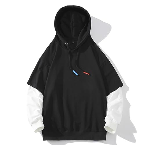 Hoodies for Men Trendy Fall Patchword Long Sleeve Fake Two Piece Sweatshirts Loose Casual Cute Y2k Teen Boys Pullover2