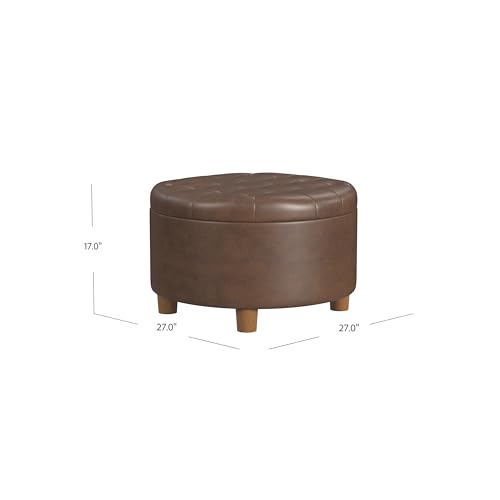 Image of HomePop 28 inch Button Round Storage Ottoman - Brown Faux Leather