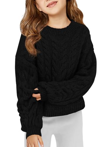 Haloumoning Girls Pullover Sweaters Kids Cute Cable Knit Long Sleeve Crewneck Chunky Jumper Tops 5-14 Years Black
