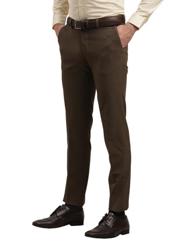Image of Turtle Men Brown Slim Fit Dobby Flat Front 4 Way Stretch Formal Trouser