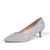 GENSHUO Womens Kitten Heels,Classic 2 Inch Low Heel Pumps Slip On Closed Pointed Toe Pumps Office Work Dress Pump Shoes Rhinestone Silver Size 9