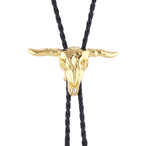 Image of GelConnie Longhorn Bull Bolo Tie for Men Native American Western Cowboy Leather Necktie Bolo Necklace for Women Gold Texas