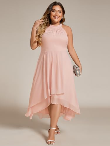 Image of Ever-Pretty Plus Women's Sleeveless Halter A Line Pleated High Low Plus Size Wedding Guest Cocktail Dresses 31926-DA