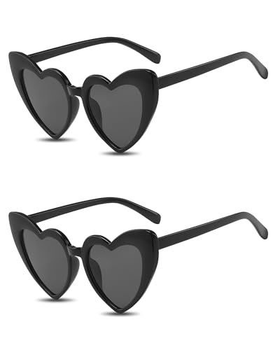 PLULON 2 Pairs Heart Sunglasses for Women Heart Love Shaped Glasses Vintage Black Sunglasses Retro Lovely Fashion Cute Sun Glasses Suitable for Bachelorette Party Favors