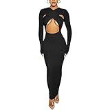 Women's Cut Out Crisscross Halter Long Sleeve Bodycon Wrap Sexy Tank Long Club Dress Black M