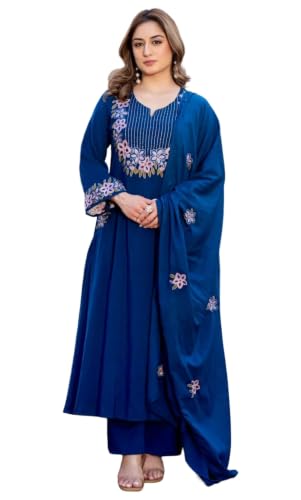 Image of KLOSIA Women's Embroidered A-Line Kurta Set with Dupatta | Floral Embroidery Ethnic Suit Set | Kurta Pant Set for Women | Festive, Wedding