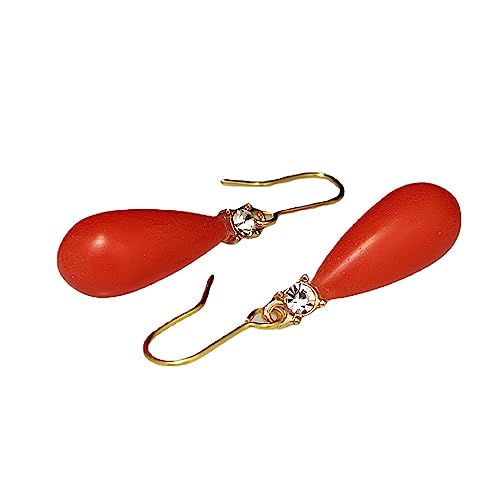 CUSIOALQQ Pendientes colgantes rojos para mujer, aretes de piedra de coral incrustados con diamantes, aretes colgantes de coral vintage para novia, lágrima, aretes de circonita cúbica para mujer,