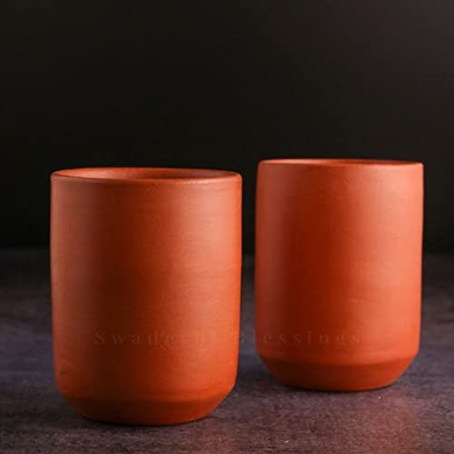 SWADESHI BLESSINGS Exclusive Range Unglazed HandMade Clay Glass Set of 2/ Earthen Glass for Milk,Tea,Coffee/Mud Glasses/Mitti Ke Glass/Ayurvedic Item (With Mirror Finish) (250ml) (Set of 2)