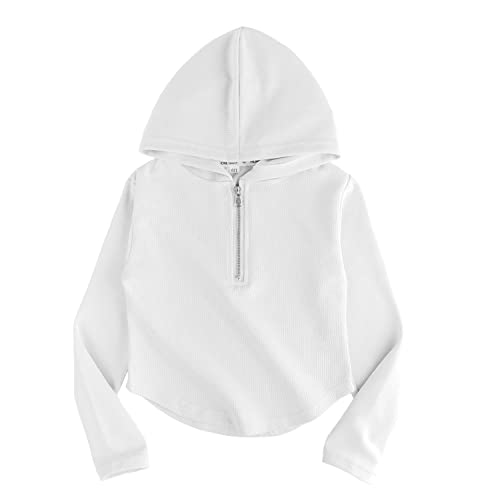 Rolanko Chemises à Manches Longues pour Filles, Pull Côtelé Extensible à Fermeture Éclair avec Coupe Ajustée à Capuche, Blanc, Size:160 Cover