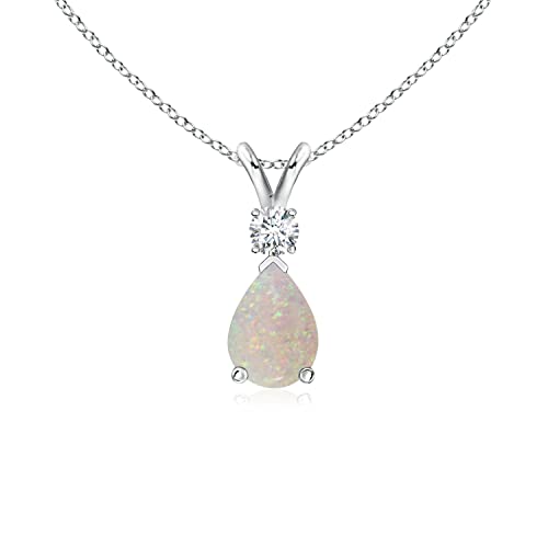 Angara Opal Teardrop Pendant Necklace with Diamond in 14K White Gold (7x5mm Opal)