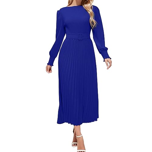 Robe plissée à manches longues élégante et fluide pour cérémonie grande taille en bleu