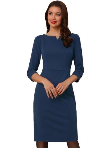 Image of Allegra K Work Dress for Women 3 /4 Sleeve Boat Neck Back Slit Sheath 2026 Professional Bodycon Business Casual Dresses