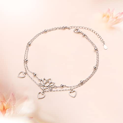 Image of Flyow Anklet for Women S925 Sterling Silver Adjustable Foot Beaded Heart Charm Ankle Bracelet Anklets Jewelry