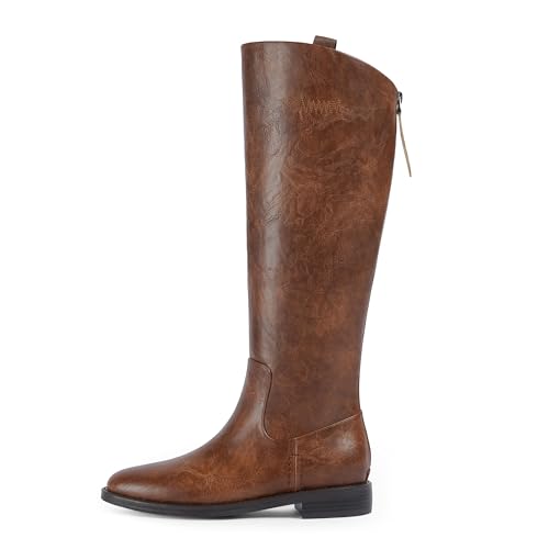 Image of Modatope Knee High Boots Women Rounded Toe Flat Retro Bais Opening Low Chunky Heel Riding Boots